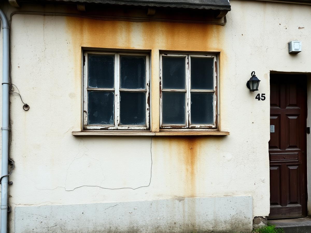 Fachada antiga com manchas de mofo, infiltração e pintura desgastada