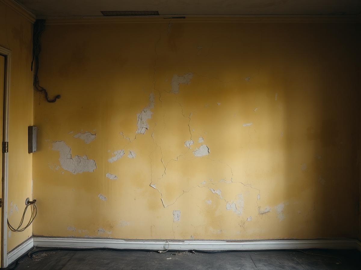 Parede de sala com pintura descascada, manchas e trincas antes do serviço