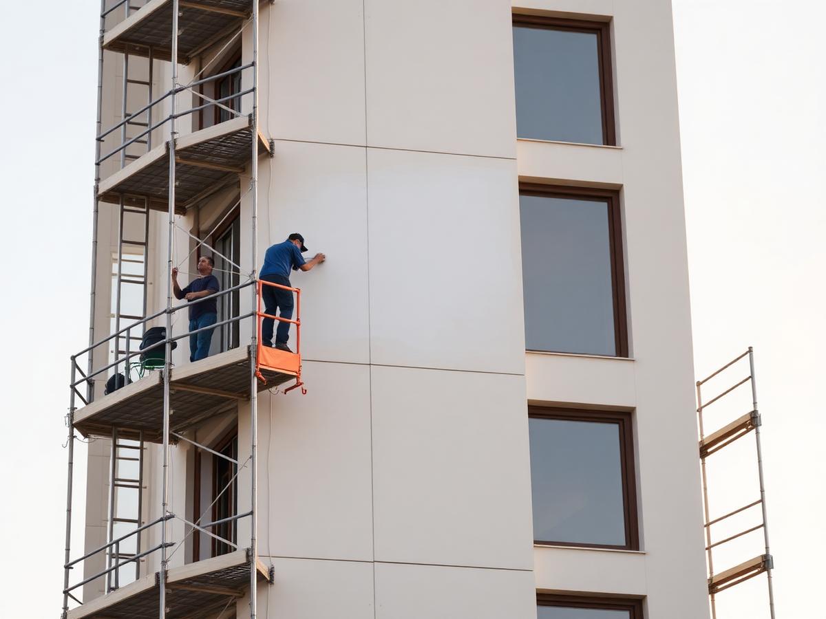 Profissionais pintando a fachada de um edifício ao entardecer