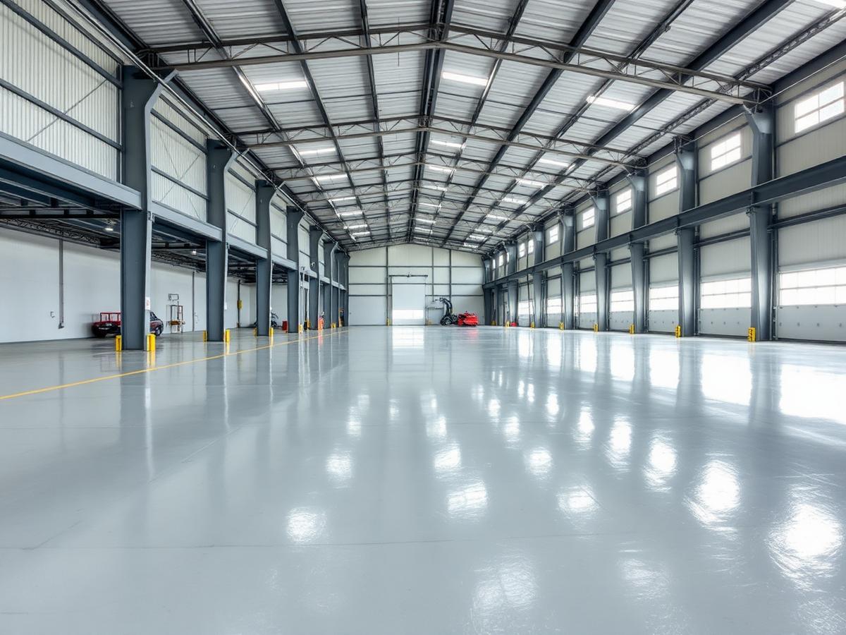 Interior de galpão industrial com piso e estrutura metálica pintados